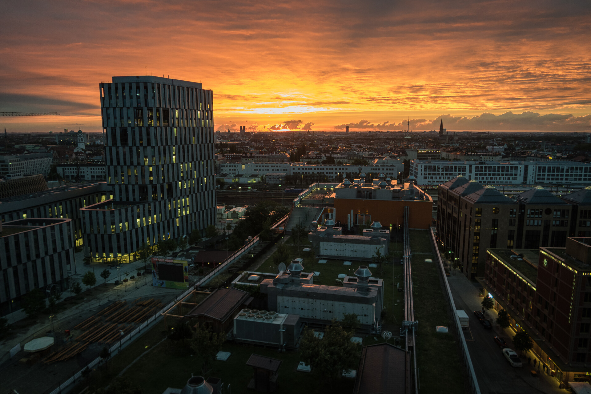 A sunset tinting the whole Werksviertel in Cornerstone orange — the end of the day.